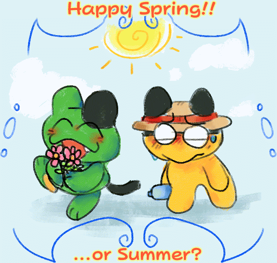 a small drawing of nyatchi happily walking around, holding a bundle of flowers in her arms. mametchi is walking behind and is tired and overheating, wearing a sunhat and holding a water bottle! the image has a very simple frame around it and a simple sun at the top. text says happy spring!...or summer?